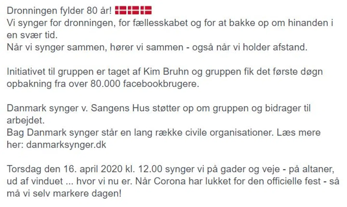 Gruppens beskrivelse. Opslag i Facebook-gruppen »Danmark synger for dronningen«.