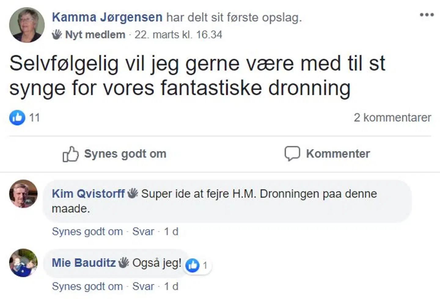 Der er et højt aktivitetsniveau i gruppen. Mange danskere tilkendegiver deres støtte til arrangementet. Fra gruppen »Danmark synger for dronningen«