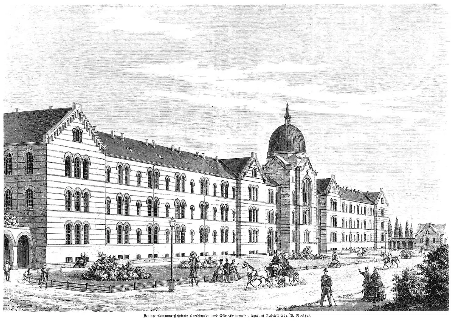 Kommunehospitalet kort efter anlæggelsen i 1863 - fra Illustreret Tidende. Kommunehospitalet blev opført 1858-63 og var en del af den modernisering af sygehusene i København, der fulgte i kølvandet på koleraen.