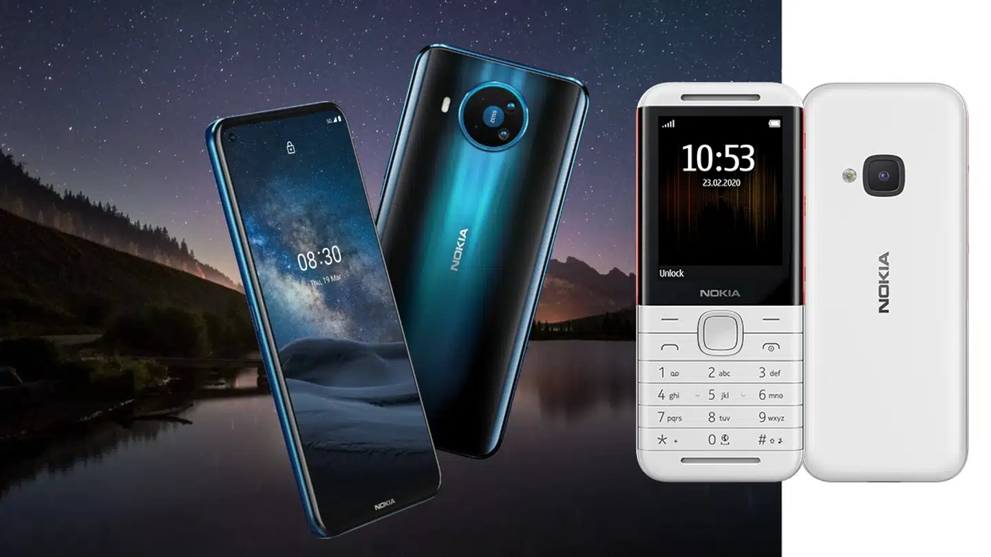 Nokias nye 8.3 5G-smartphone (til venstre) er den første med 5G-adgang. I den stik modsatte ende af skalaen er den nye udgave af klassikeren Nokia 5310.