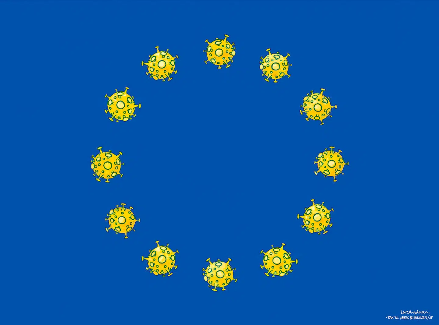 27. januar bragte Jyllands-Posten en tegning af det kinesiske flag med coronavirus-symboler i stedet for de gule stjerner. I dag ser det ud til, at Vesten kan blive ramt hårdere af virussen end Kina, og en ny følelse af underlegenhed breder sig, skriver Pierre Collignon. Illustration: Lars Andersen