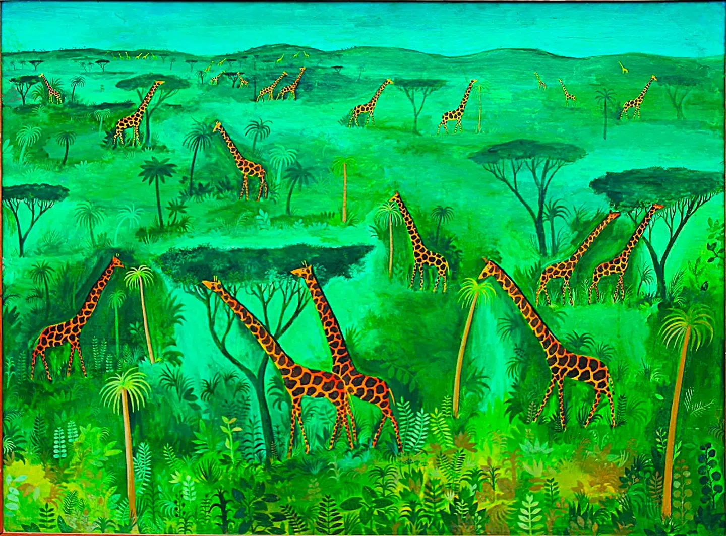 Nivaagaard viser en udstilling med Hans Scherfigs billeder med vægten overvejende lagt på Scherfigs maleriske kvaliteter som dette frodige »32 giraffer på grøn savanne« fra 1949. Både som forfatter og maler var Hans Scherfig kritisk over for det bestående samfund, men blot en håndfuld malerier har udtalt politisk karakter.