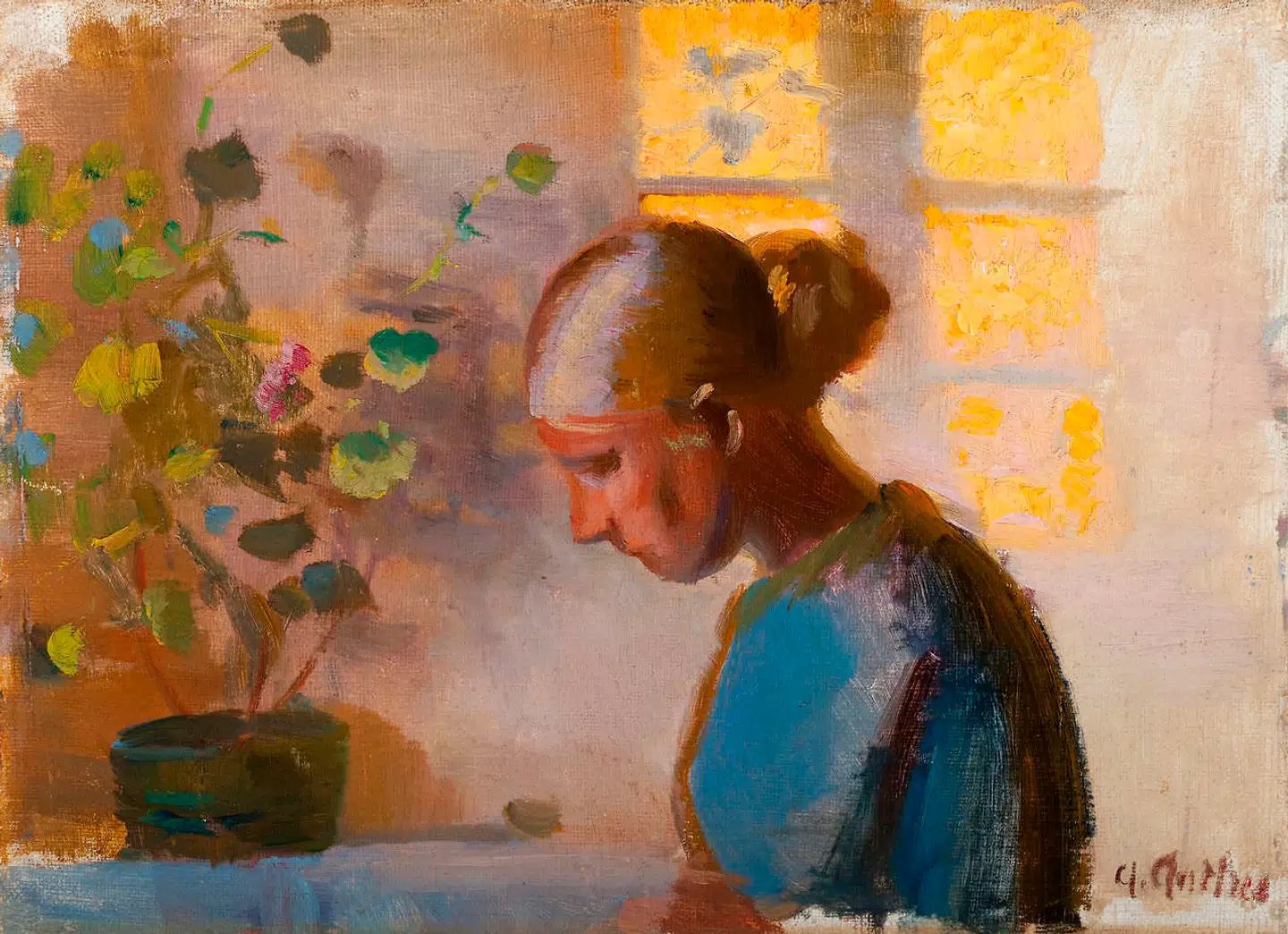 Sammen med Skagen Museum har Statens Museum for Kunst sammensat en udstilling om Anna Ancher. I modsætning til de andre Skagensmalere var Anna Ancher lokal og holdt sig livet igennem til lokale motiver. Dette er et udateret »Studie af en sypige i blåt«.