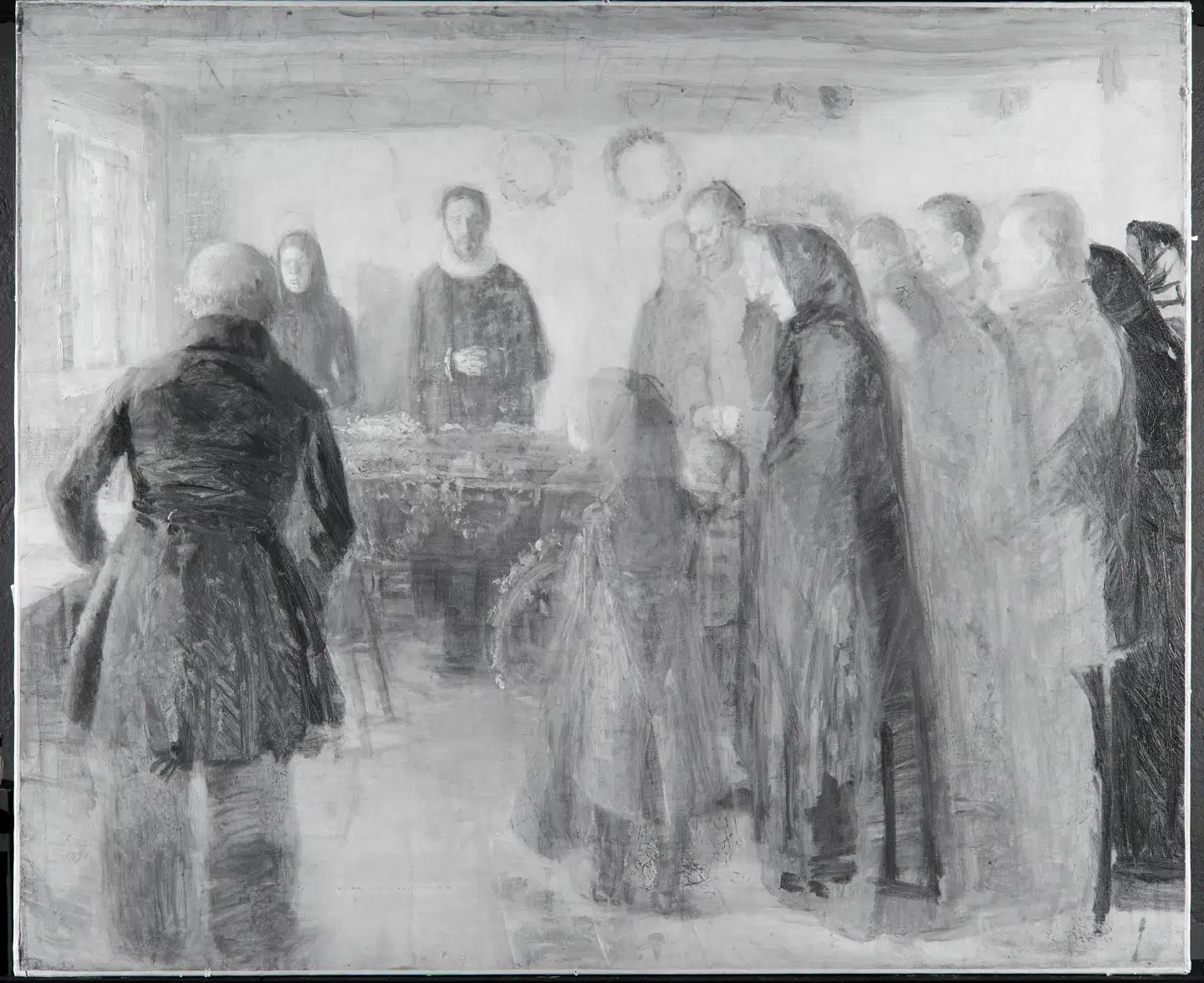 Infrarødt foto af Anna Anchers hovedværk, »En begravelse«. Billeder viser kunstnerens optegninger til maleriet. Sammenligner man med det endelige værk, kan man se, at Anna Ancher har ændret flere elementer i kompositionen, bl.a. har pigen i midten fået længere kjole.