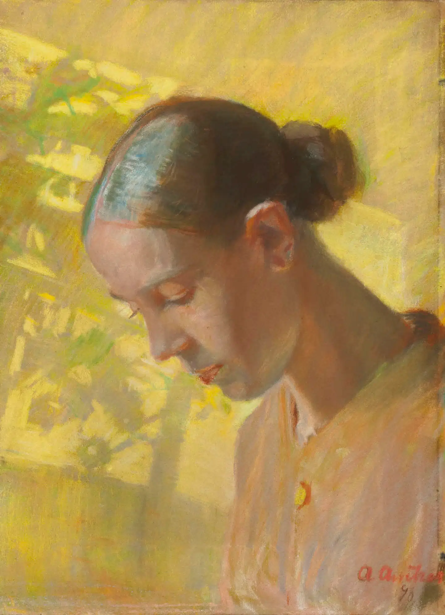Denne pastel, »Studie af sypigens hoved«, er et eksempel på, at Anna Ancher var forud for sin tid og brugte lyset og forenklingen af motivet på en ny måde.