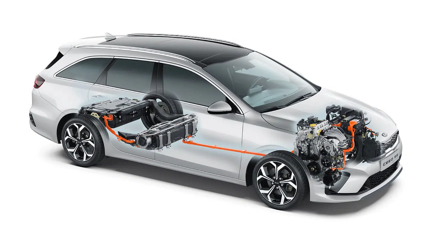 Plug-in-hybriden (PHEV) som denne her Kia Ceed SW PHEV har både en konventionel benzinmotor, et stort batteri (under bagagerummet), der kan oplades i stikkontakten, og en elmotor (integreret i gearkassen), som kan drive bilen selvstændigt.