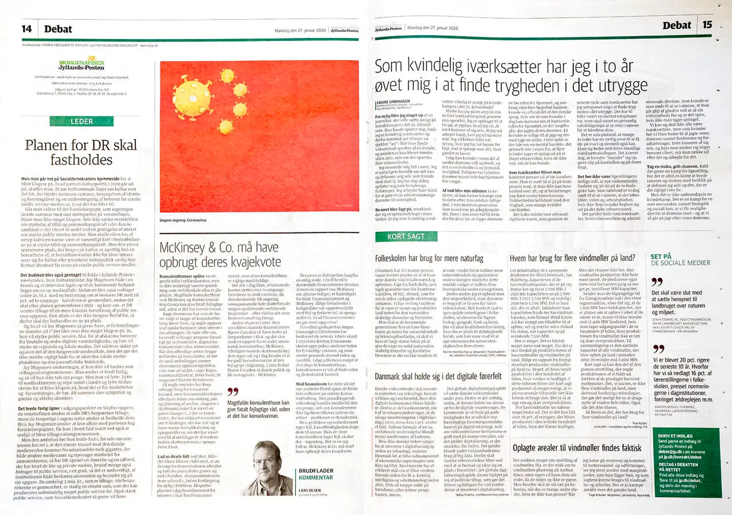 Satiretegning af coronavirus på det kinesiske flag af Jyllands-Postens tegner Niels Bo Bojesen i Jyllands-Posten mandag 27. januar 2020.