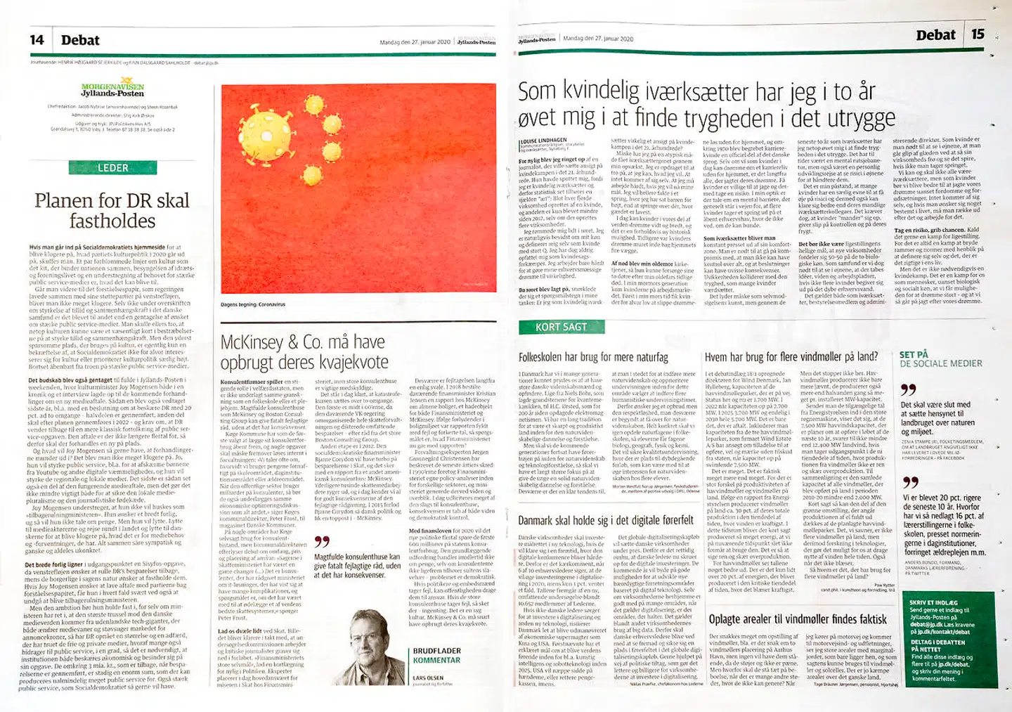 Satiretegning af coronavirus på det kinesiske flag af Jyllands-Postens tegner Niels Bo Bojesen i Jyllands-Posten mandag 27. januar 2020.