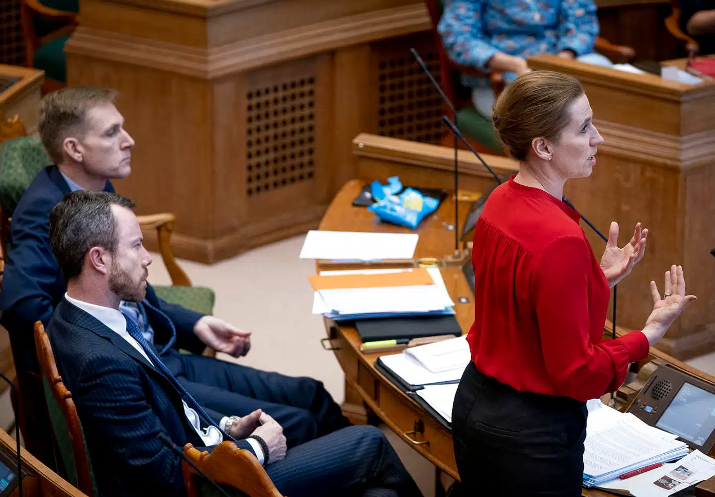 DF-formand Kristian Thulesen Dahl, Venstres formand, Jakob Ellemann-Jensen, og Socialdemokratiets formand, Mette Frederiksen, under partilederdebatten i Folketinget.