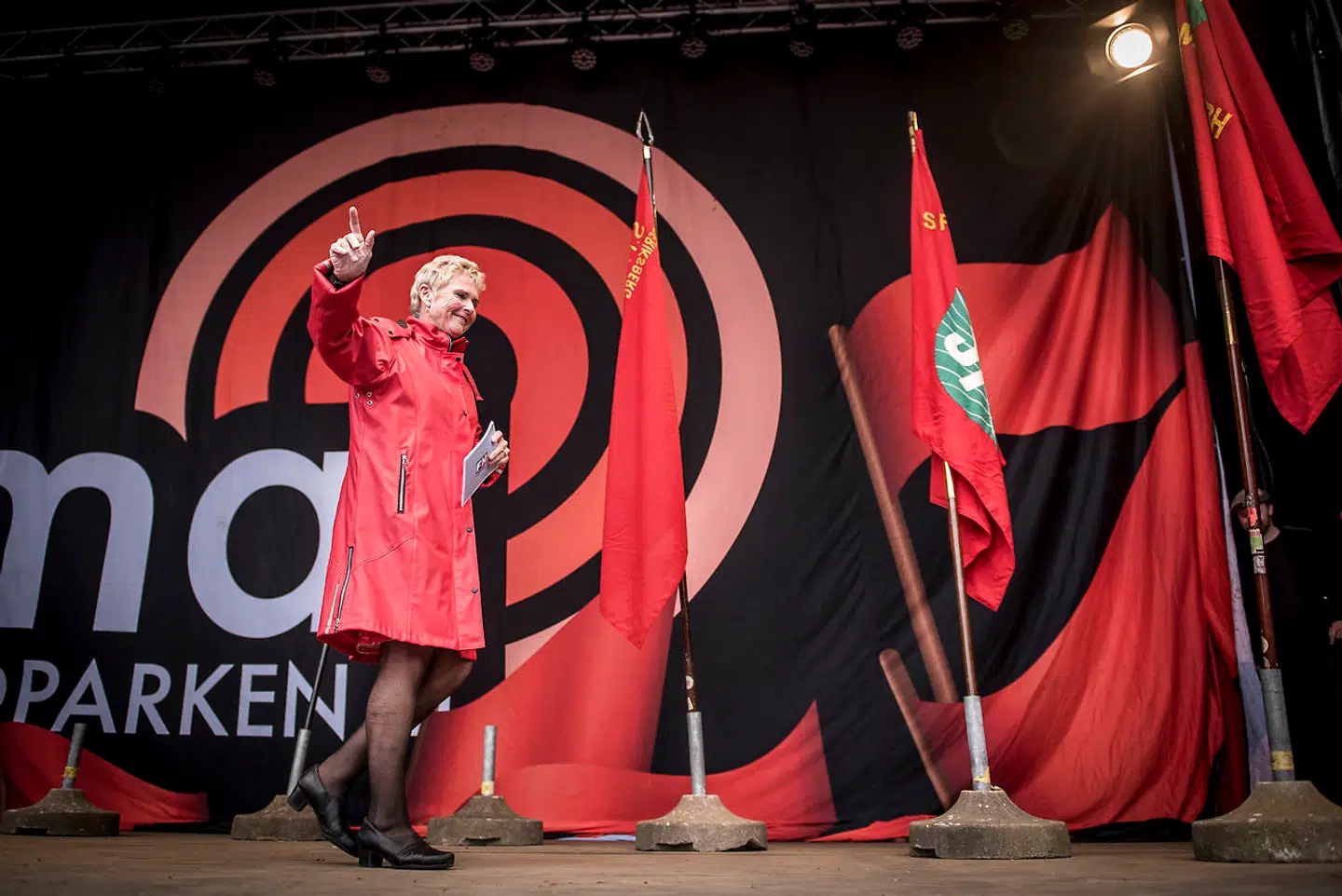 Lizette Risgaard som er formand for Fagbevægelsens Hovedorganisation taler under arbejdernes internationale kampdag i Fælledparken i København, onsdag 1. maj 2019. Foto: Mads Claus Rasmussen/Ritzau Scanpix