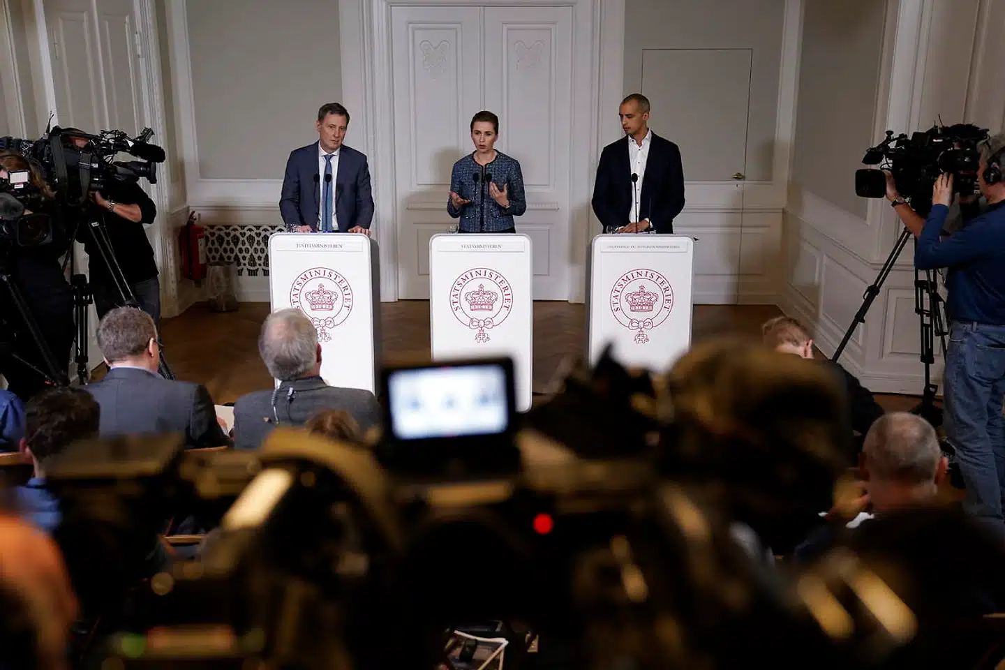 Statsminister Mette Frederiksen, justitsminister Nick Hækkerup og udlændinge- og integrationsminister Mattias Tesfaye holder pressemøde i Statsministeriet, torsdag den 16. januar 2020.