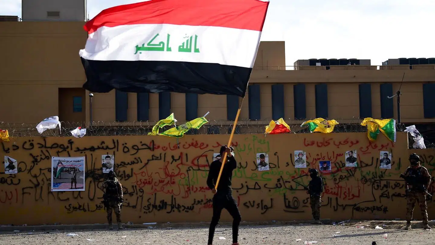 Arkivfoto. Protester foran den amerikanske ambassade i Baghdad d. 1 januar 2020.