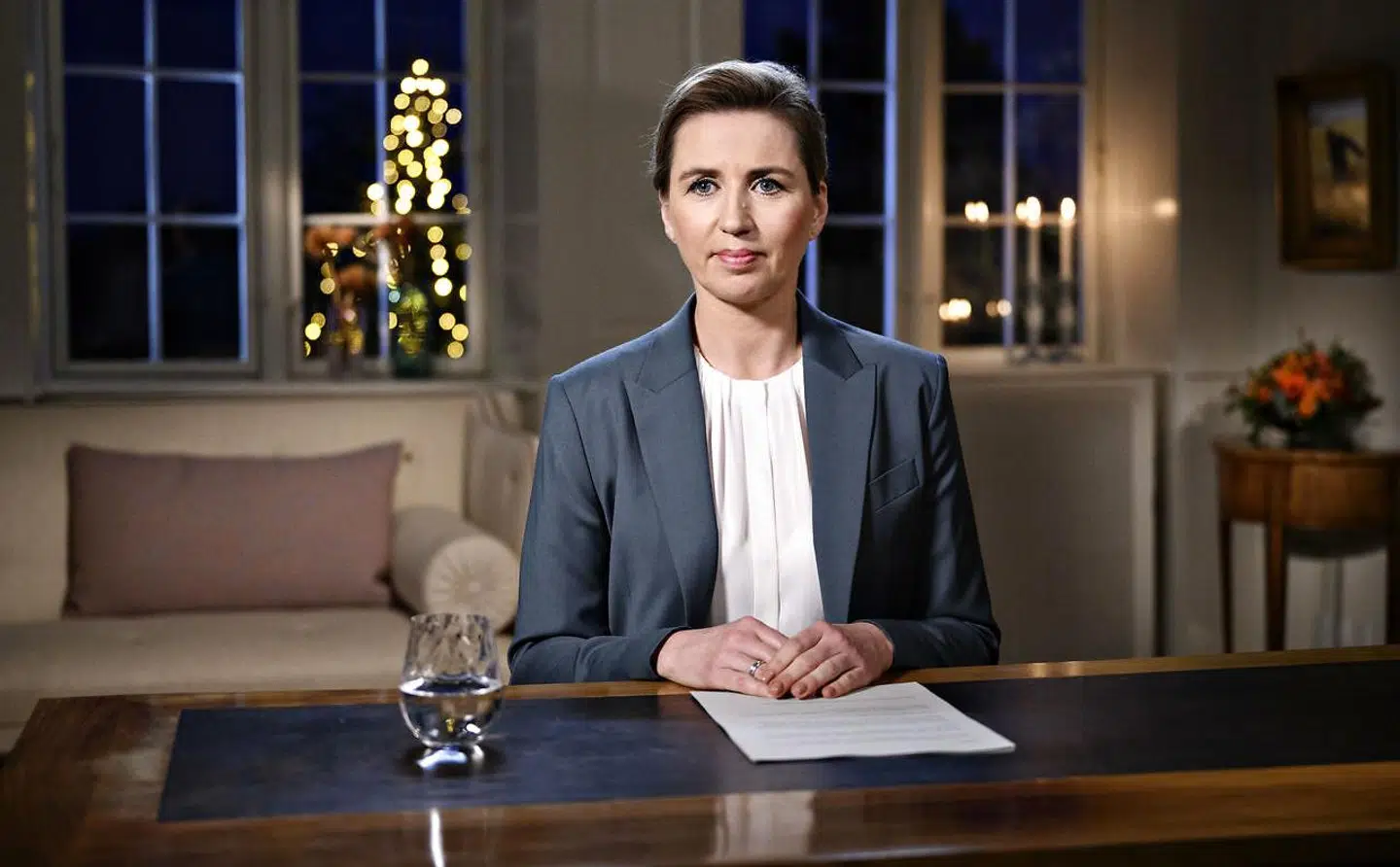 Statsminister Mette Frederiksen (S) holdt sin nytårstale på Marienborg i Sorgenfri nord for København onsdag den 1. januar 2020.