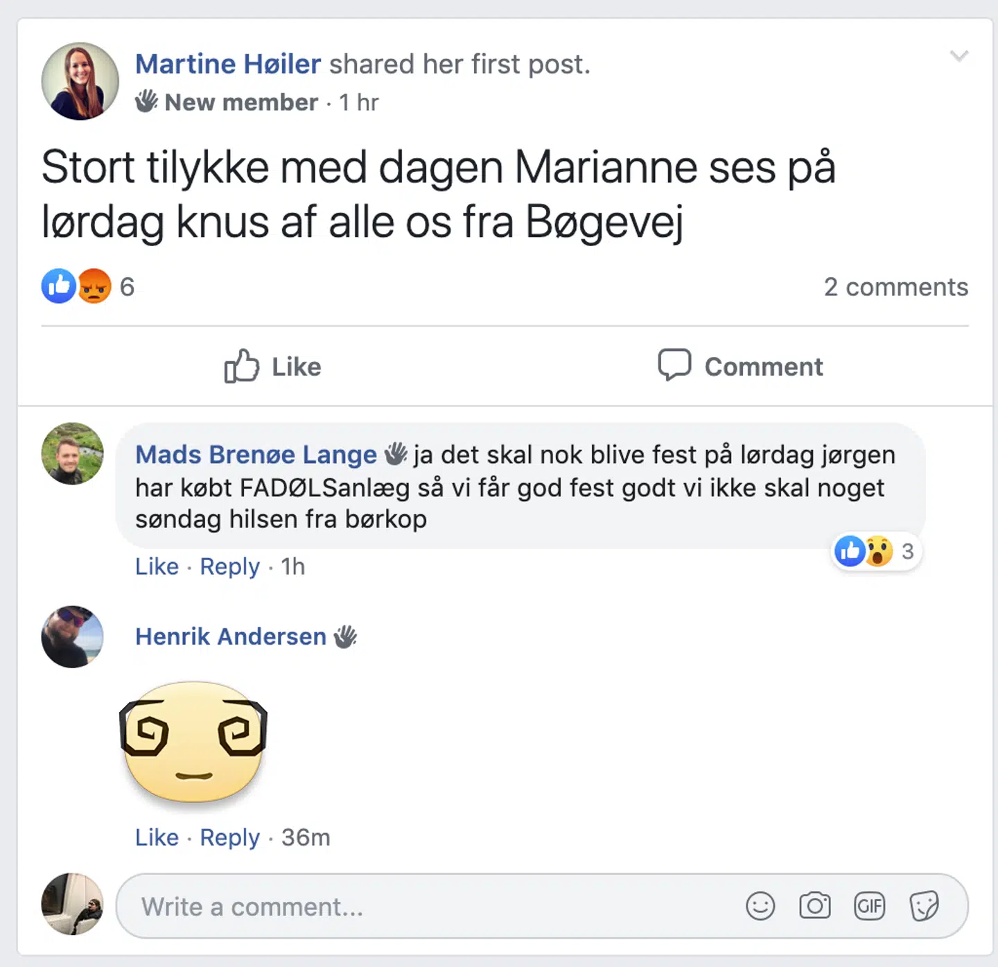 Det er også plads til venlige lykønskninger i Facebookgruppen, selvom de dog nok var ment som privatbeskeder.