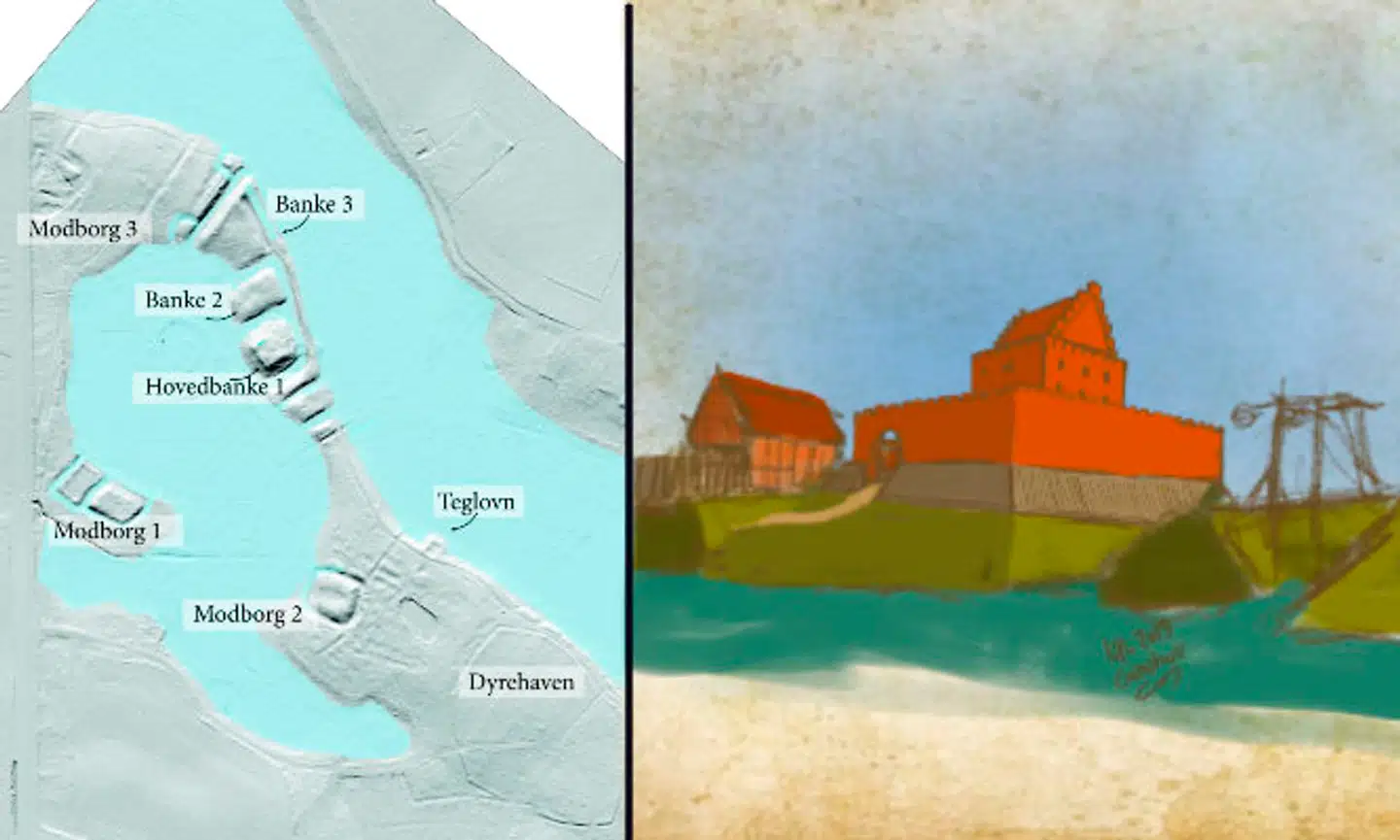 Til venstre Lidar-kort over Grimstrup og omliggende landskab. Til højre rekonstruktionsskitse af borgen.