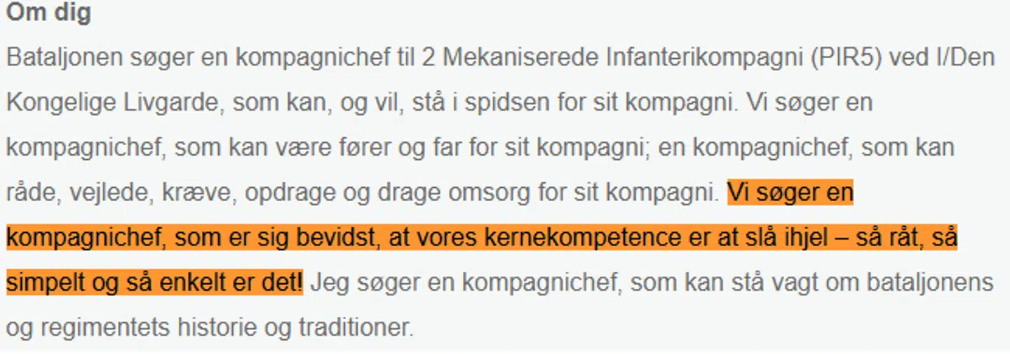 »Vi søger en kompagnichef, som er sig bevidst, at vores kernekompetence er at slå ihjel – så råt, så simpelt og så enkelt er det!«