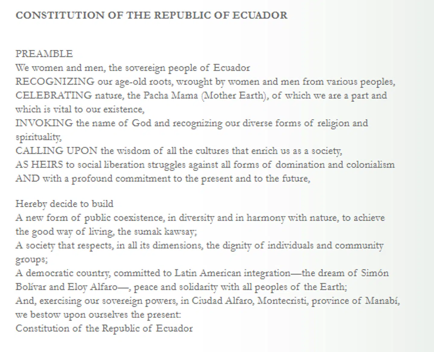 Et uddrag af Ecuadors forfatning