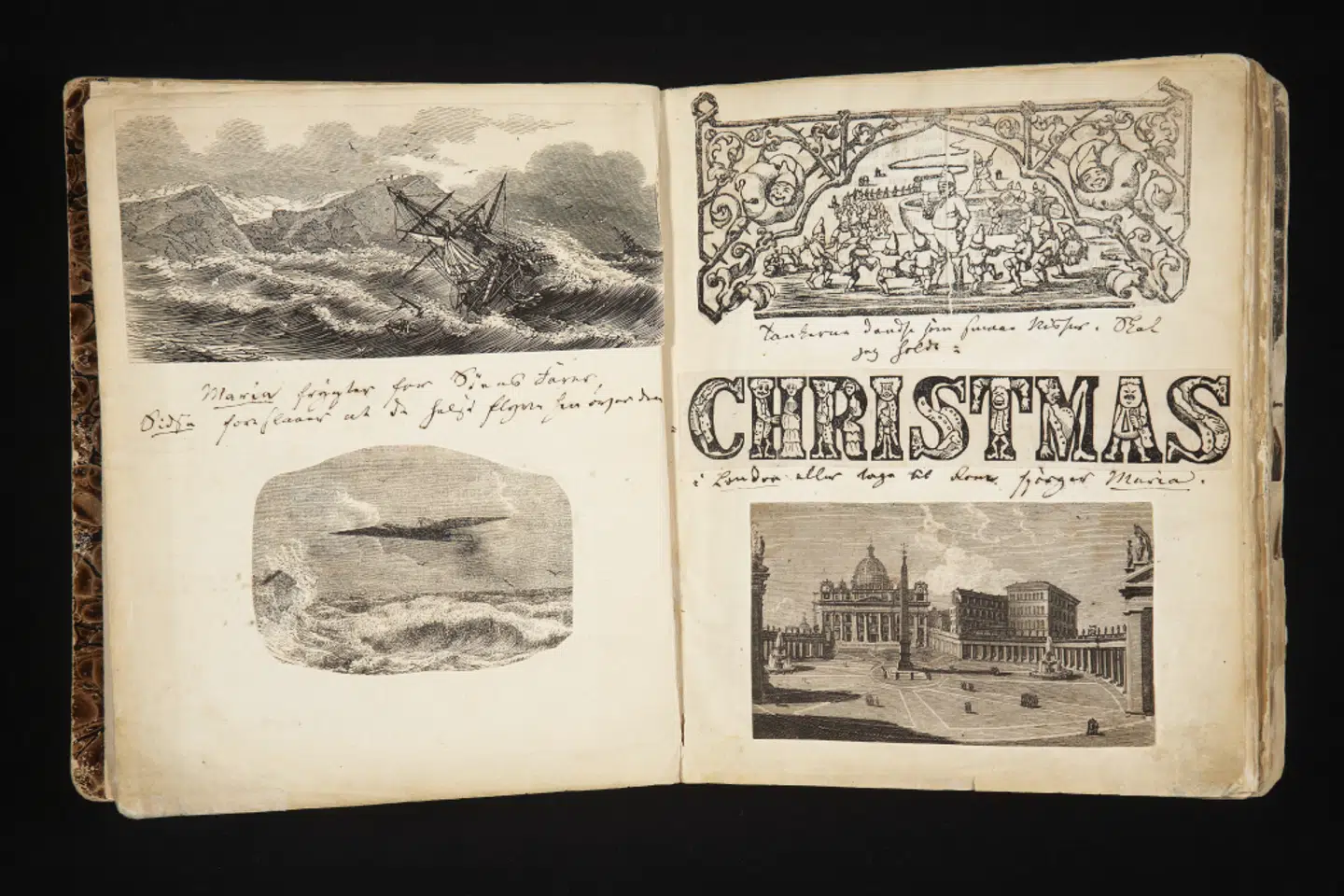 (Venstre side:) Maria frygter for Søens Farer, Sidse foreslaaer at de helst flyve hen over den.(Højre side:) Tankerne dandse som smaae Nisser. Skal jeg holde: CHRISTMAS i London eller tage til Rom spørger Maria. (Foto og tekst fra bogen)