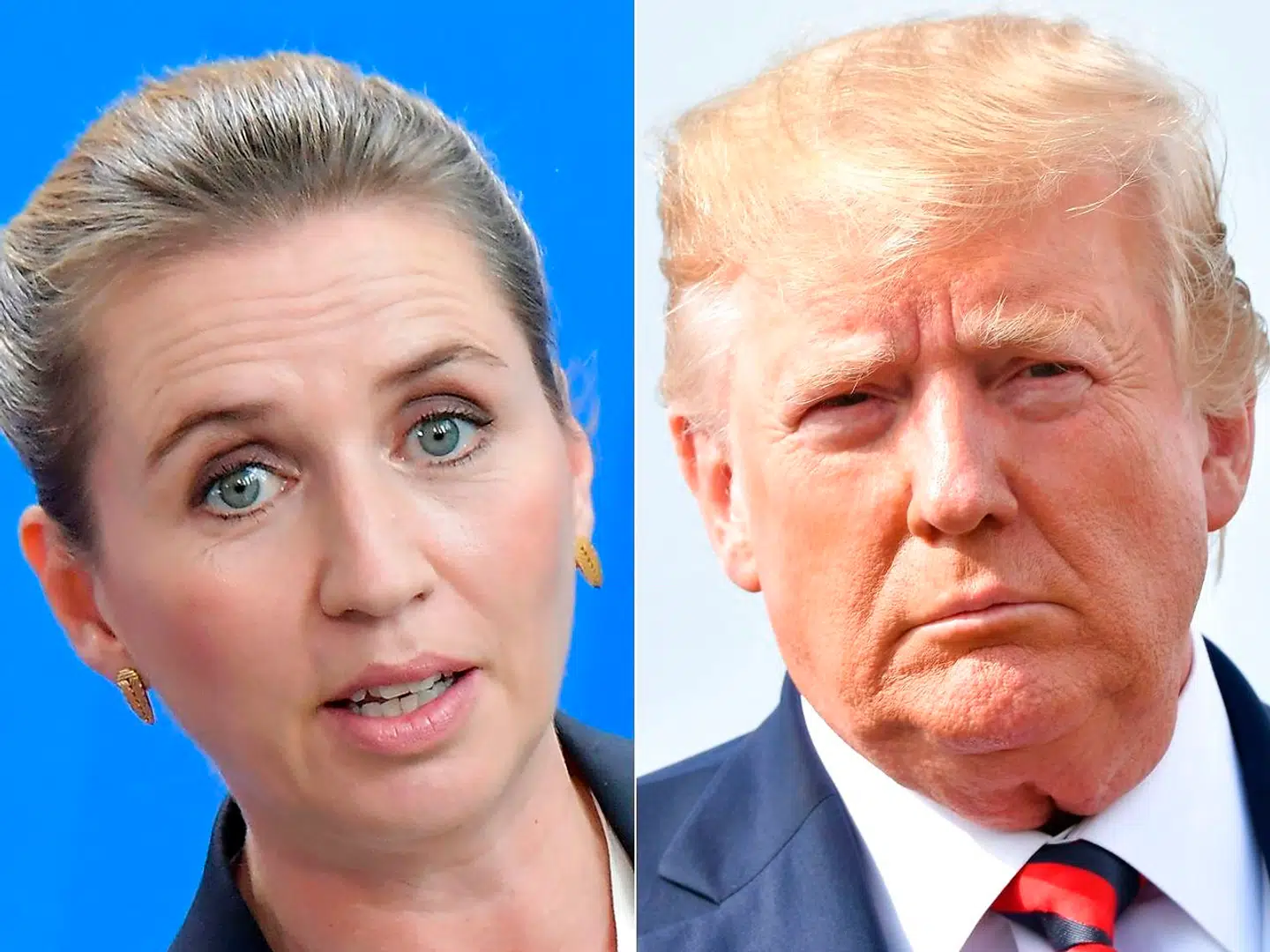 (COMBO) This combination of pictures created on August 20, 2019 shows Denmark's Prime Minister Mette Frederiksen (L) at a joint press conference on July 11, 2019 at the Chancellery in Berlin and US President Donald Trump before boarding Air Force One in Morristown, New Jersey, on August 18, 2019. - President Donald Trump announced Tuesday that he is postponing an upcoming meeting with Denmark's prime minster due to her lack of interest in selling Greenland to the United States. (Photos by Tobias SCHWARZ and Nicholas Kamm / AFP). (Foto: TOBIAS SCHWARZ, NICHOLAS KAMM/Ritzau Scanpix)