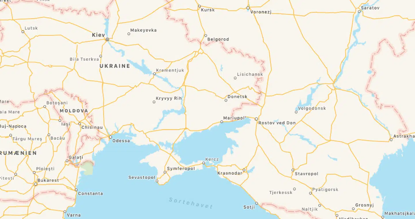 Screenshot fra Apple Maps. Uden for Rusland viser Apple stadig, at Krim-halvøen hverken tilhører Ukraine eller Rusland.