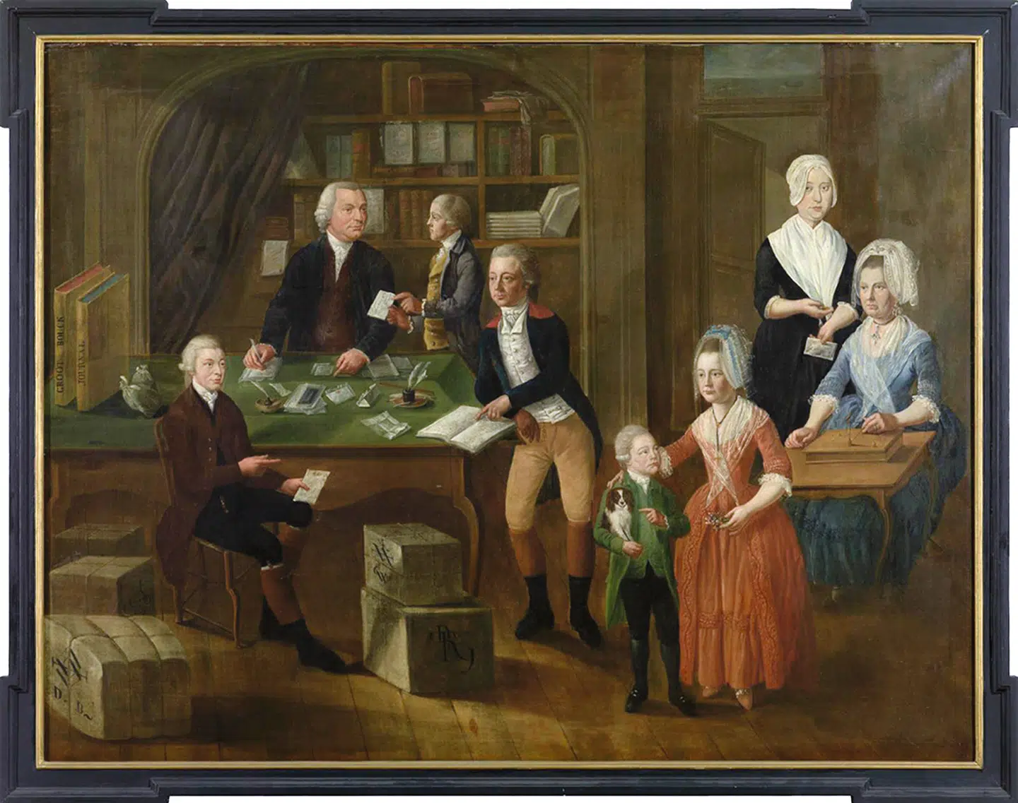 Kinahandlelen gav kolossale rigdomme til Europa. Med på de første danske sejlladser var der ofte nederlændinge, der havde erfaring med den lange og farlige tur. En af disse var Guillielmo de Brouwer, der var med på første tur med »Cron Printz Christian«. Han tjente en formue. Her ses den rige familie i Brügge på et maleri fra omkring 1750. Illustration fra bogen.