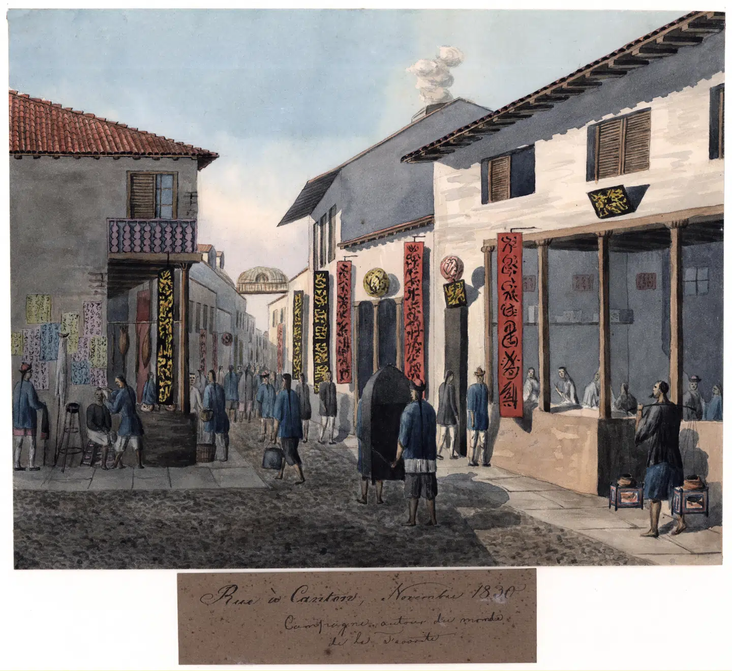Selve Canton by var lukket land for danskerne, der holdt sig til flodens område. Men efterhånden fik flere og flere adgang. I 1830 tegnede søofficer Frederik von Scholten Canton, da han var i fransk tjeneste. Illustration fra bogen.