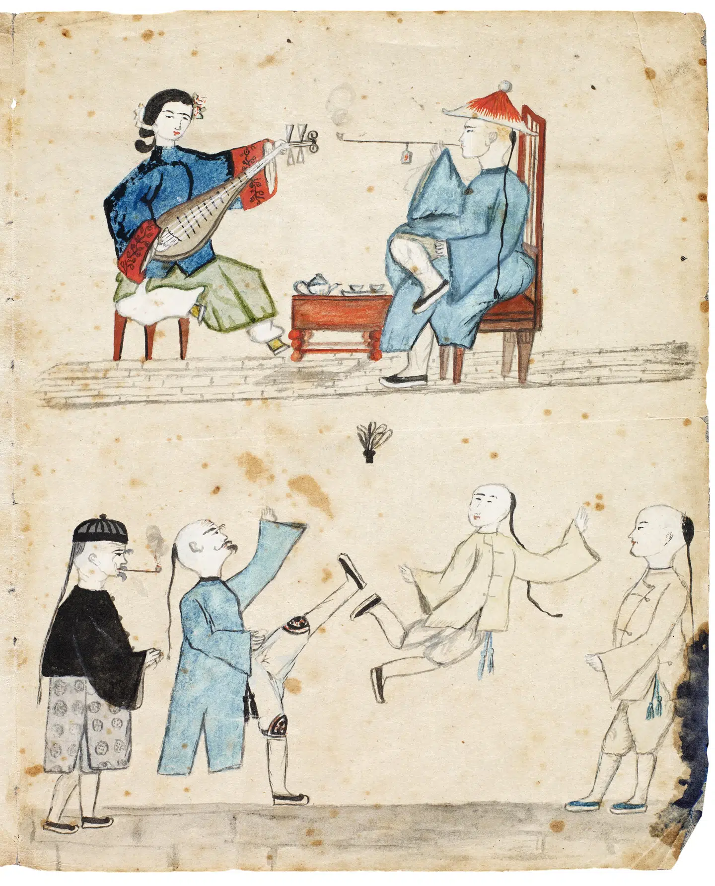 Digterpræsten Poul Martin Møller var i 1820 på rejse til Kina og tegnede disse chamerende tegninger af kinesere. Øverst spiller en kvinde med indsnørede fødder for en piberygende herre, nederst spiller kinesere et spil med en fjerbold. Den omfattende handel med Kina betød også en kulturmøde, og kineserier blev populære i hele Europa. Illustration fra bogen.