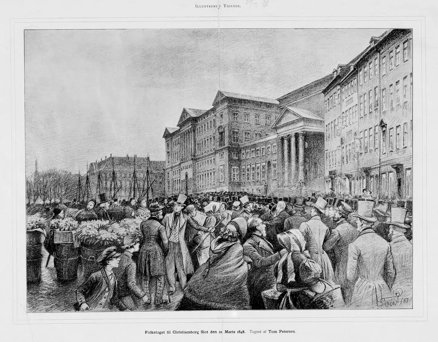 Folketoget til Christiansborg i 1848. Toget 21. marts var danmarkshistoriens første annoncerede demonstrationsmarch med krav om friere styreformer. Der deltog ca. 20.000. Begivenheden, skriver René Karpantschof, inspirerede nationalmyten om en særlig dansk måde at enes om politik på. En nationalmyte som René Karpanschof ikke giver meget for. Illustration fra bogen.