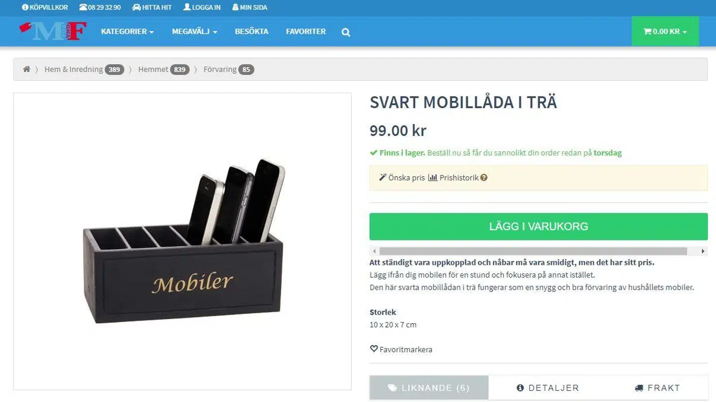 En mobilskuffe kan købes på nettet, her hos svenske Megafynd, så man kan parkere sin egen og hjemmets mobiltelefoner og på den måde få et tiltrængt fredeligt øjeblik fra den anmassende, digitale verdens mængder af beskeder og påmindelser.