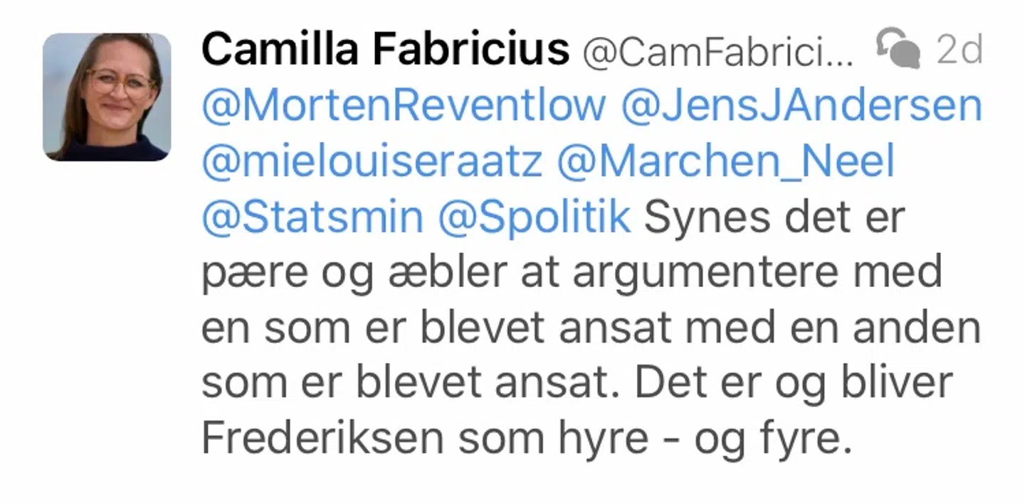 Et screetshot af det nu slettede tweet, der af undertegnede skribent blev fejllæst. Camilla Fabricius kan i dag godt se, at tweetet kan misforstås og har derfor slettet det.