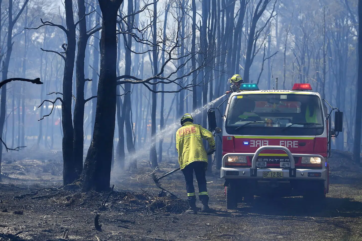 Selv efter at flammerne er nedkæmpet, må brandmændene sprøjte vand på den endnu brandvarme jord. Siden 8. november er mindst 150 ejendomme blevet smadret af skovbrandene i New South Wales.