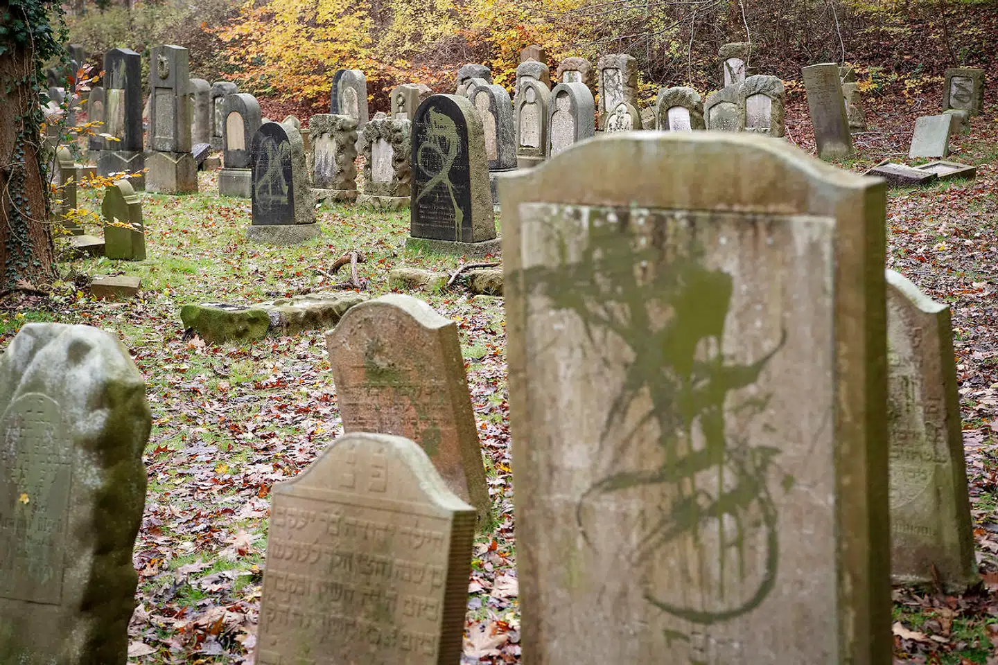 Flere end 80 gravsten var malet med grøn graffiti, og enkelte gravsten var væltet på gravpladsen, der ligger på Østre Kirkegård i Randers, søndag 10. november 2019. Væltede gravsten og gravsten overhældt med grøn maling var det syn, der mødte folk, som lørdag eftermiddag besøgte den jødiske gravplads i Randers.