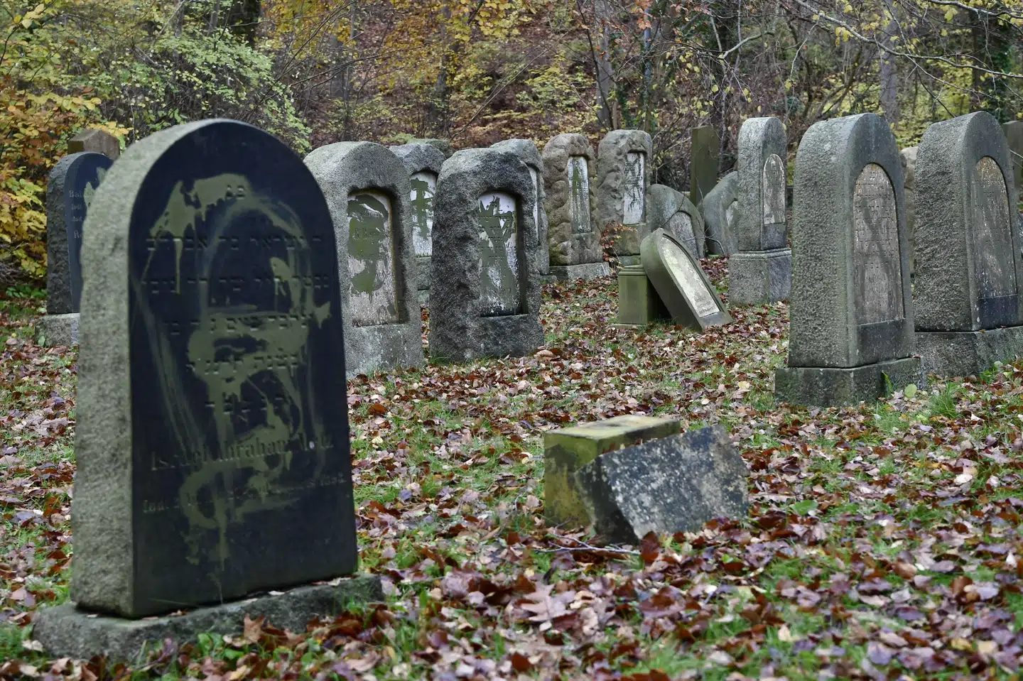 Væltede gravsten og gravsten overhældt med grøn maling var det syn, der mødte folk, som lørdag eftermiddag besøgte den jødiske gravplads i Randers. Bo Amstrup/Ritzau Scanpix