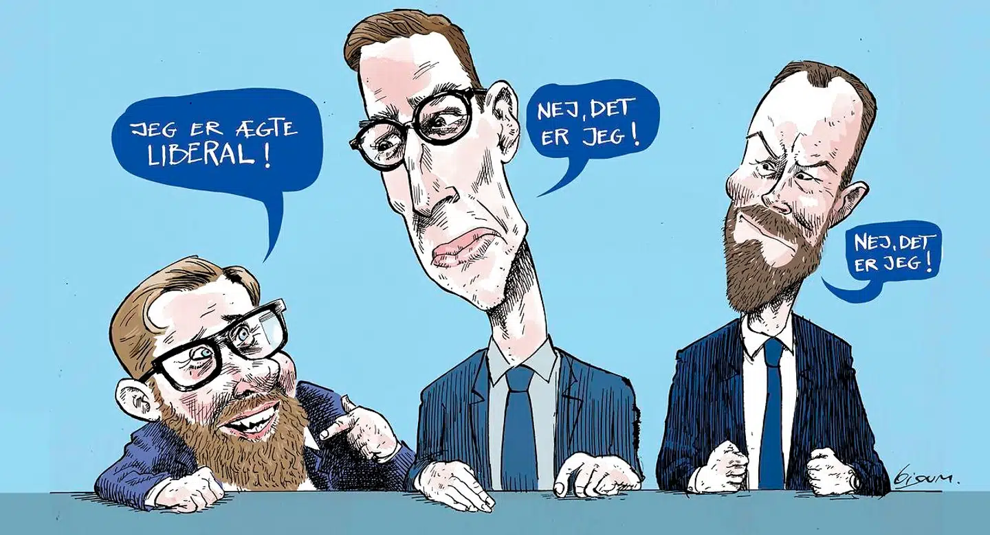 Siden den tidligere LA-topfigur Simon Emil Ammitzbøll-Bille i torsdags præsenterede partiet Fremad, har andre borgerlige profiler advaret om risikoen for tilstande, der martrede venstrefløjen i 1980erne. Tegning: Claus Bigum