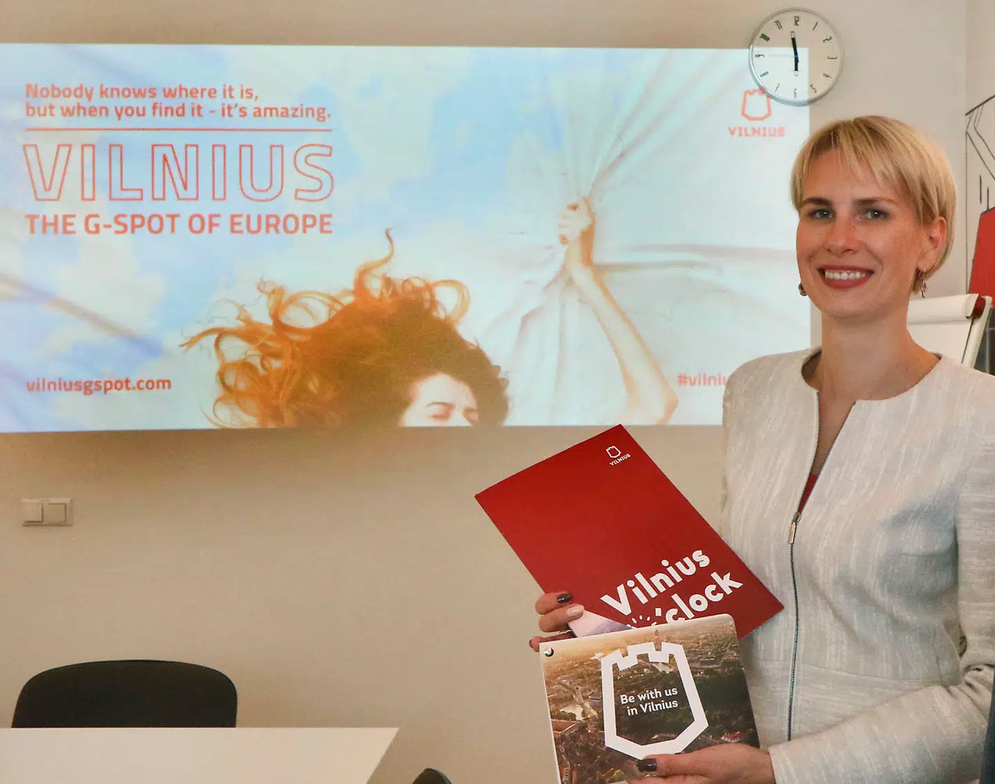 Inga Romanovskienè fra Go Vilnius under præsentationen af Vilnius som the "G-spot of Europe" sidste år. Foto: Petras Malukas / AFP