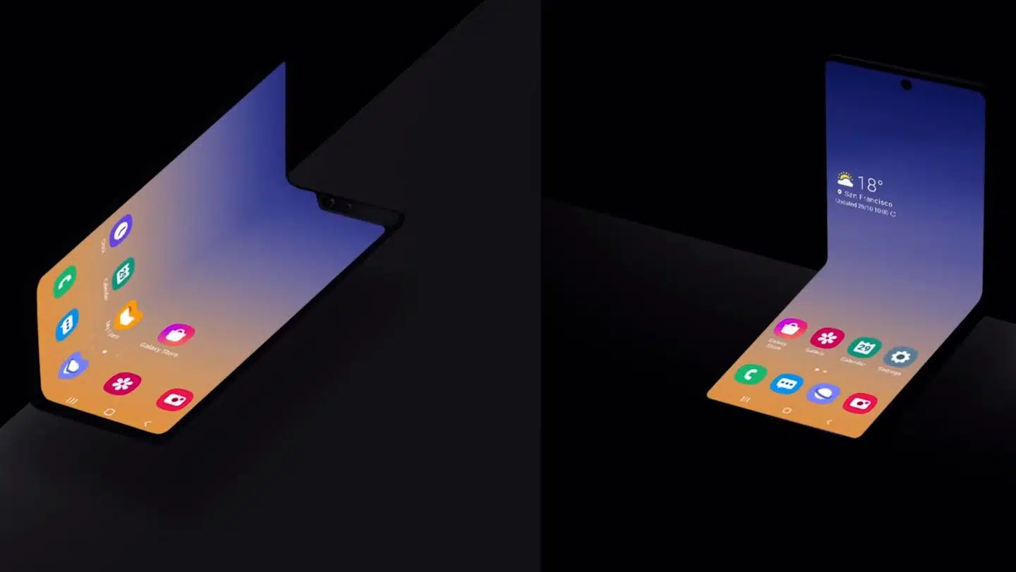 Skærmen skal ikke alene kunne foldes ud som en bog, som Samsung gør det med sin Galaxy Fold-telefon. Den skal også kunne foldes som en gammeldags klaptelefon. Foto: Samsung