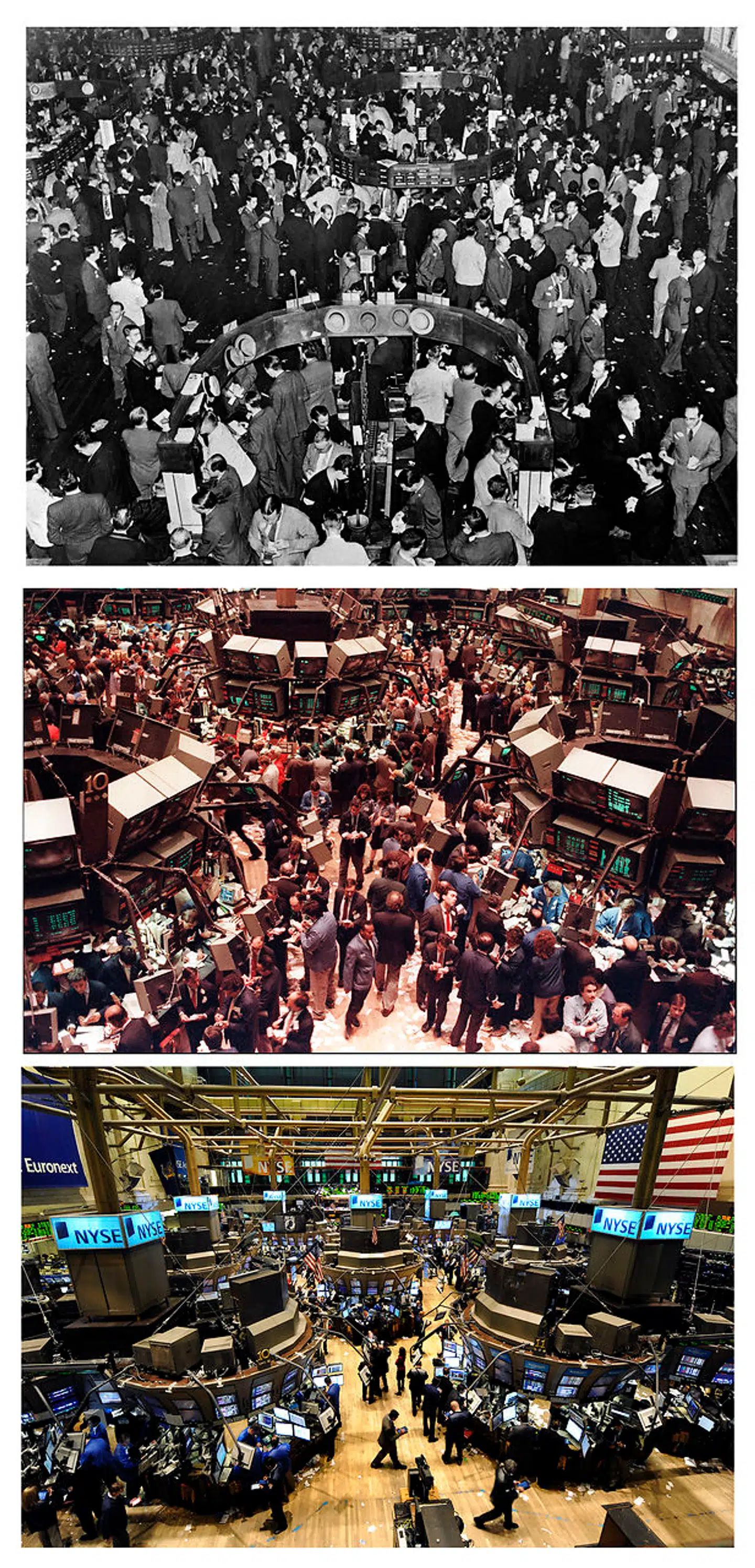 Denne billedsekvens er fra børsen NYSE i New York. I øverste billede ser man børsmæglere handle på gulvet, og i midten er det børsmælgere 19. oktober 1987, da børsindekset Dow Jones faldt over 500 point, hvilket var den største tilbagegang i moderne tid. Nederste billede er taget 6. oktober 2008, da Wall Street tumlede ned i kølvandet fra finanskrisen.