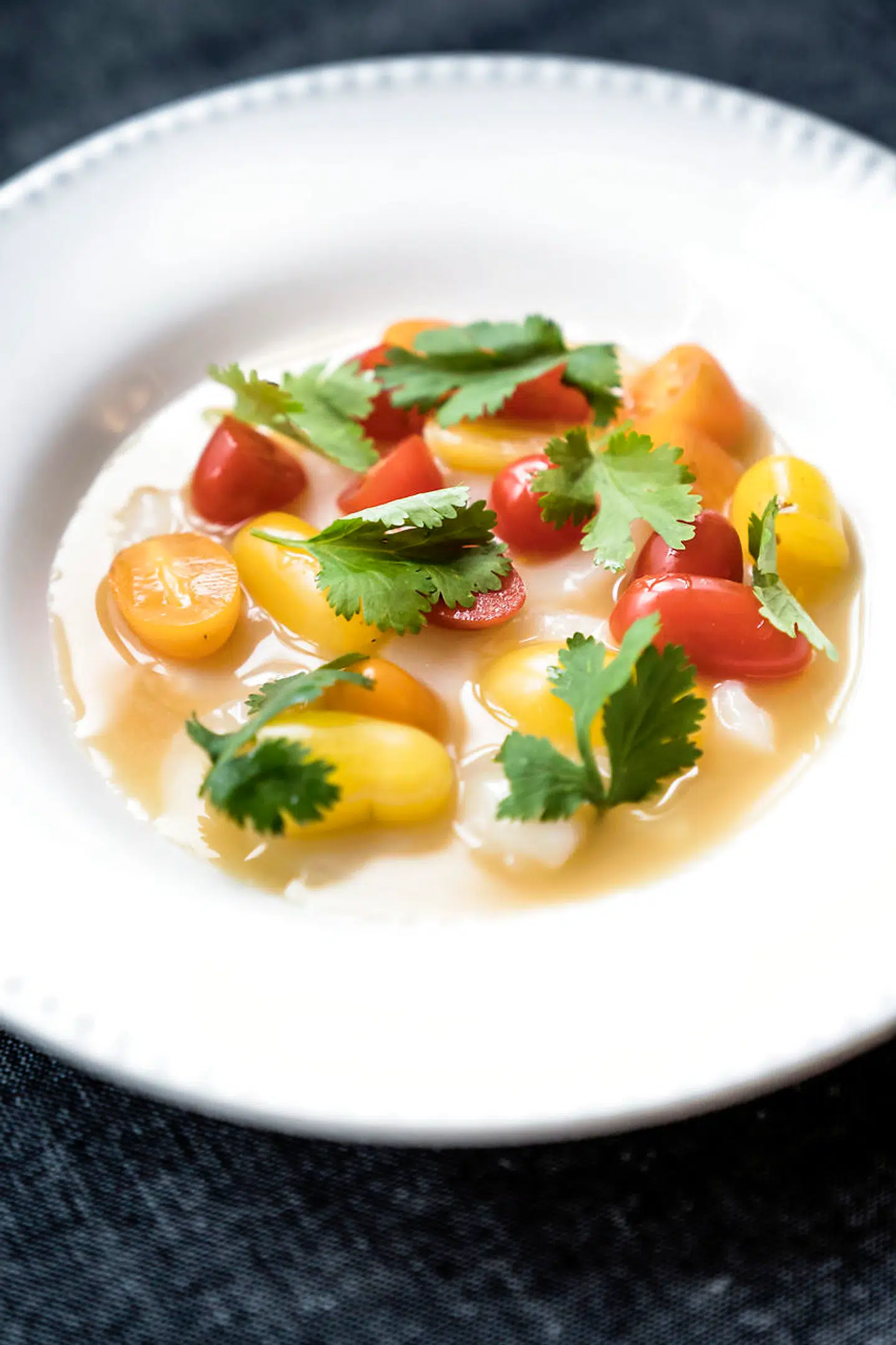 Balancen mellem det syrlige, det stærke og det søde i tomat og skaldyr i kammuslingecevichen var helt perfekt.