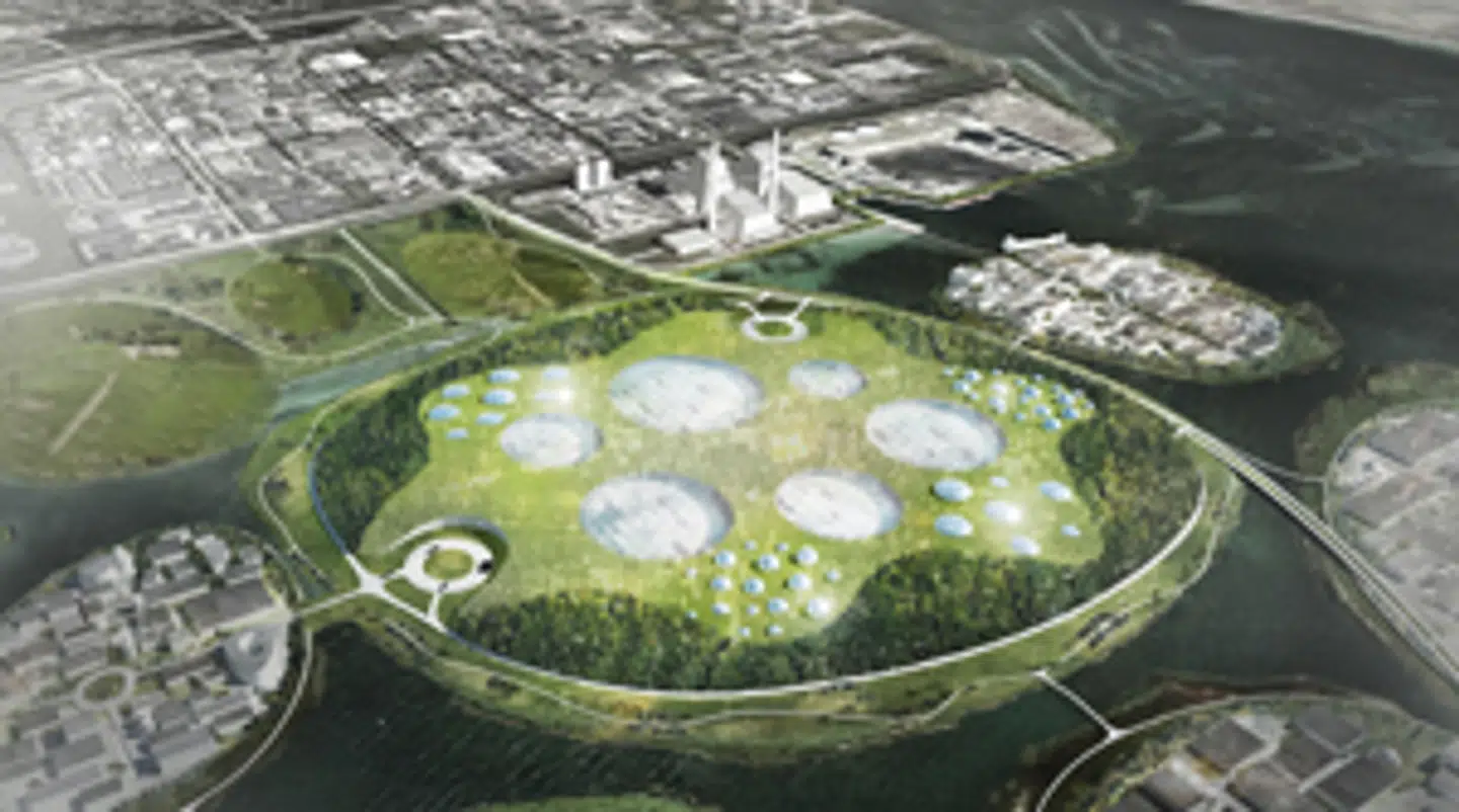 Visualisering af det nye »Holmene« set fra luften, mere specifikt den såkaldte »Green Tech Island«, der blandt andet skal huse et spildevandsanlæg. De nye holme skal ifølge visionen bygges op fra havbunden med overskydende jord fra andre byggeprojekter i københavnsområdet. PR-foto, Hvidovre Kommune