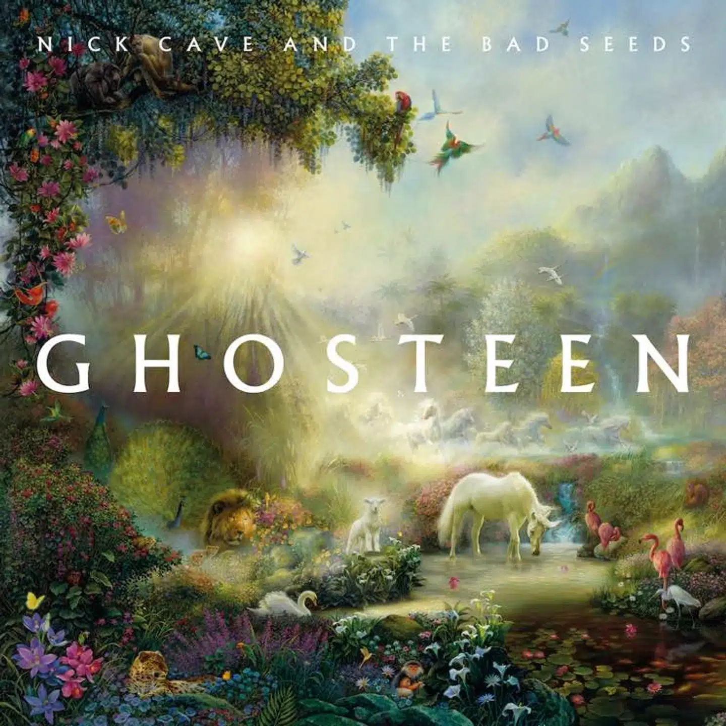 Albumtitlen »Ghosteen« refererer til en vandrende ånd, og coveret, der både er religiøst og kitchet i sit udtryk er et maleri af kunstneren Tom duBois.