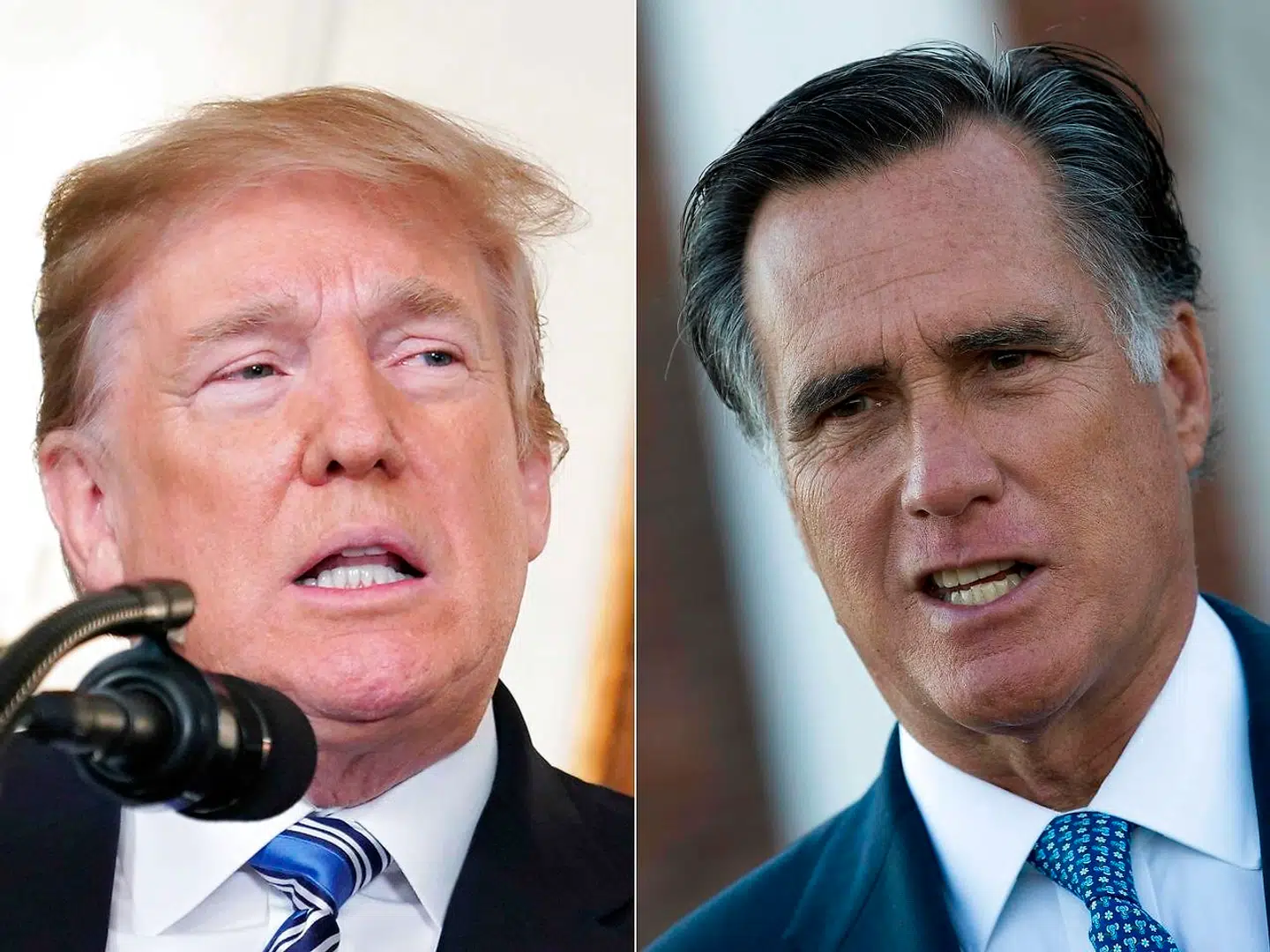 Republikanernes tidligere præsidentkandidat i 2012, Mitt Romney, har tidligere kritiseret Donald Trump i skarpe vendinger for ikke at have »rejst sig« til det amerikanske præsidentskabs værdighed. Nu kalder han Trumps fremfærd over for Ukraine og Kina, som præsidenten har bedt om at efterforske sin største rival, Joe Biden, for »forkert og rystende«. (Photos by Drew Angerer and Mandel NGAN / AFP)