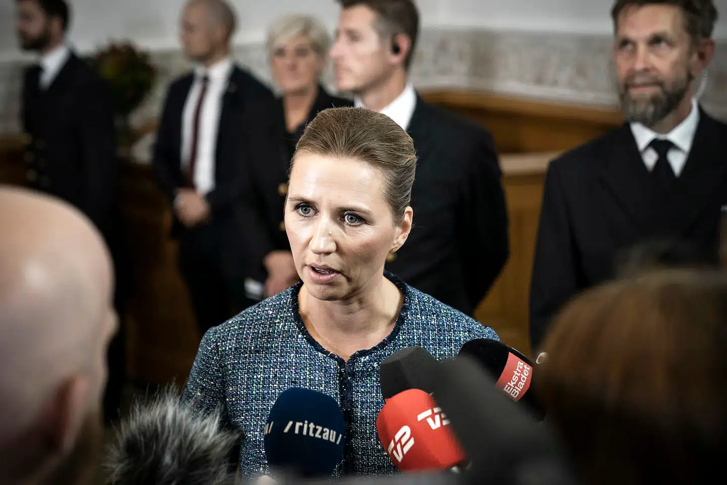 Åbning af Folketinget 2019. Mette Frederiksen taler med pressen.
