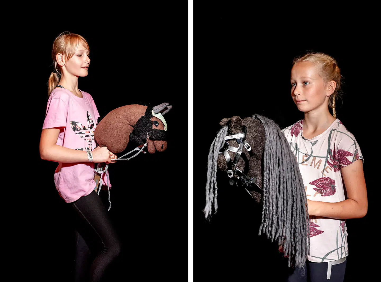 Isabella-Maria Bech Olsen tv, 10 år, fra Ølstykke med kæphesten Woody. Hun har redet siden i sommer og Seline Tang Hansen, 11 år, fra Ebberup med sin kæphest Lykkegårdens Sunshine. Hun har redet i et år.