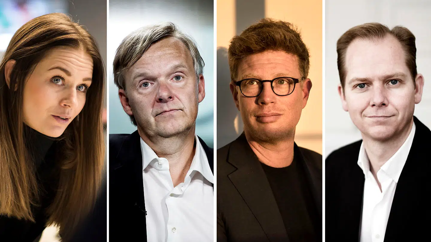Der er delte meninger i mediebranchen om brug af kønsneutrale stedord. Fra venstre: Mette Østergaard (Berlingske), Poul Madsen (Ekstra Bladet), Martin Krasnik (Weekendavisen) og Christian Jensen (Politiken).