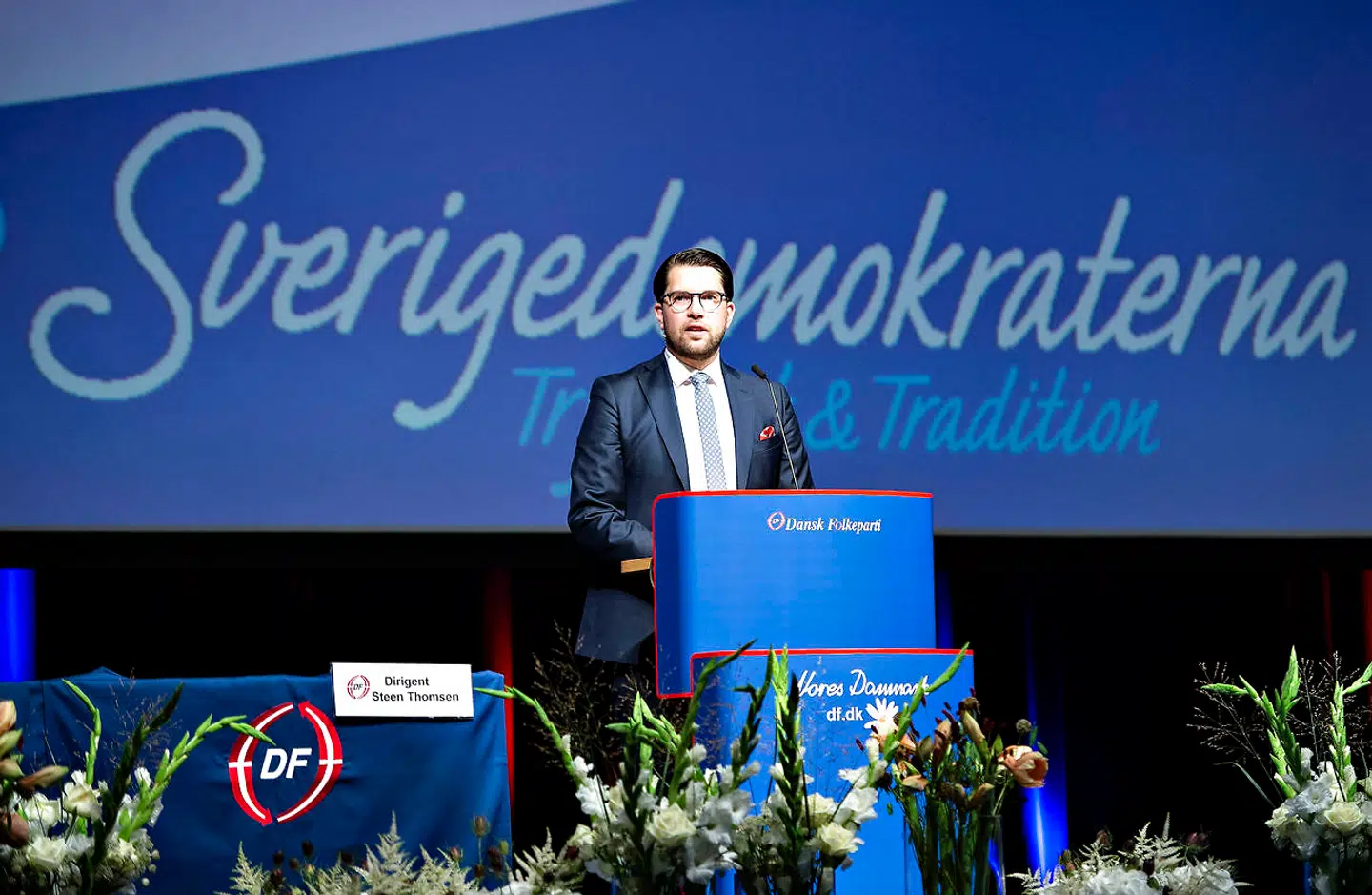 Arkivfoto. Formanden for Sverigedemokraterna Jimmie Åkesson taler til DF's Årsmøde der startede i Herning Kongrescenter, lørdag den 15. september 2018.