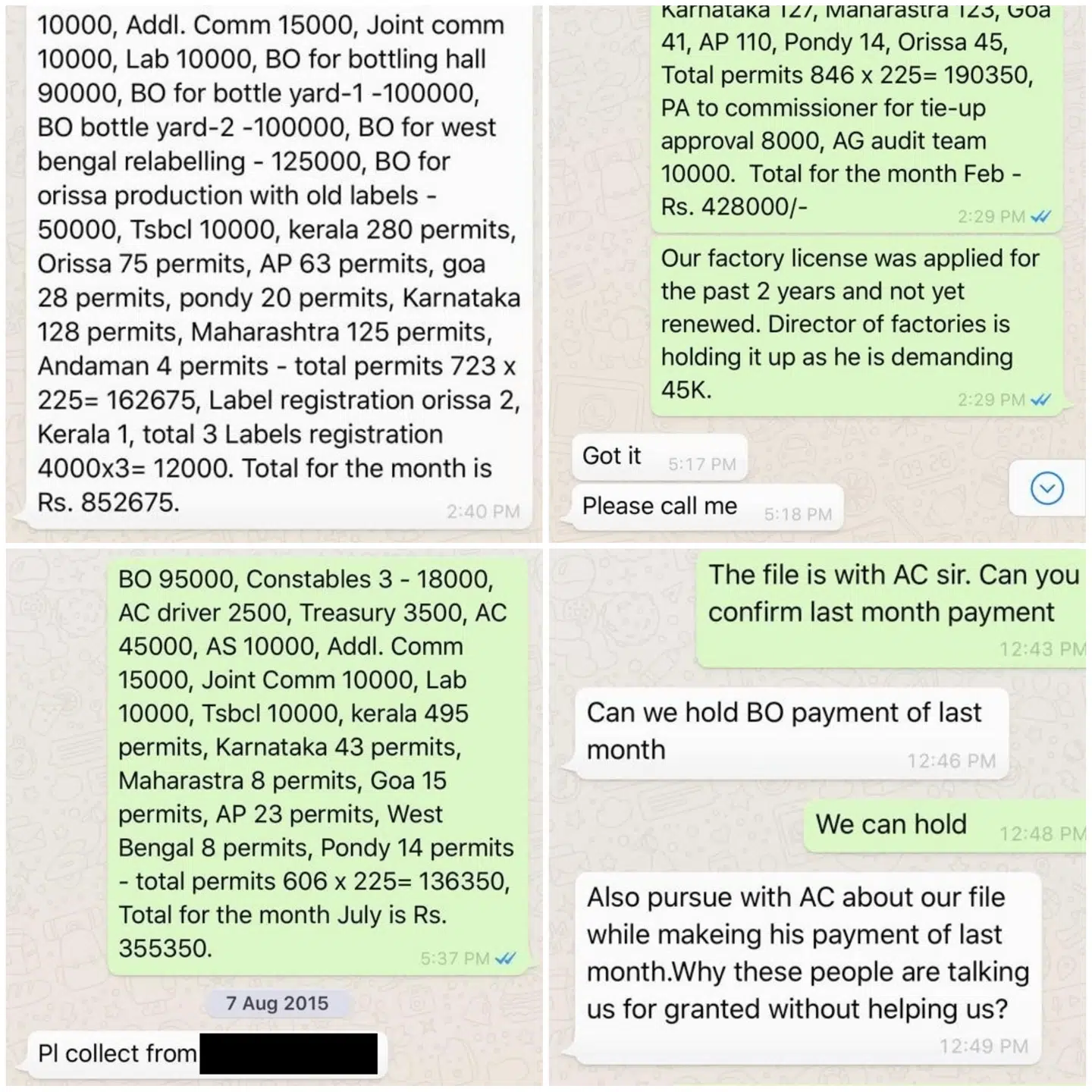 Her kan man læse et lille udpluk af sagens omfattende materiale, som blandt andet omfatter interne SMSer og krypterede Whatsapp-beskeder. Beløbene og forkortelserne i de viste eksempler er henholdsvis kontantbeløb angivet i indiske rupi og titler på embedsmænd. BO er eksempelvis en Brewery Excise Officer - en helt central indisk embedsmænd for bryggerierne.