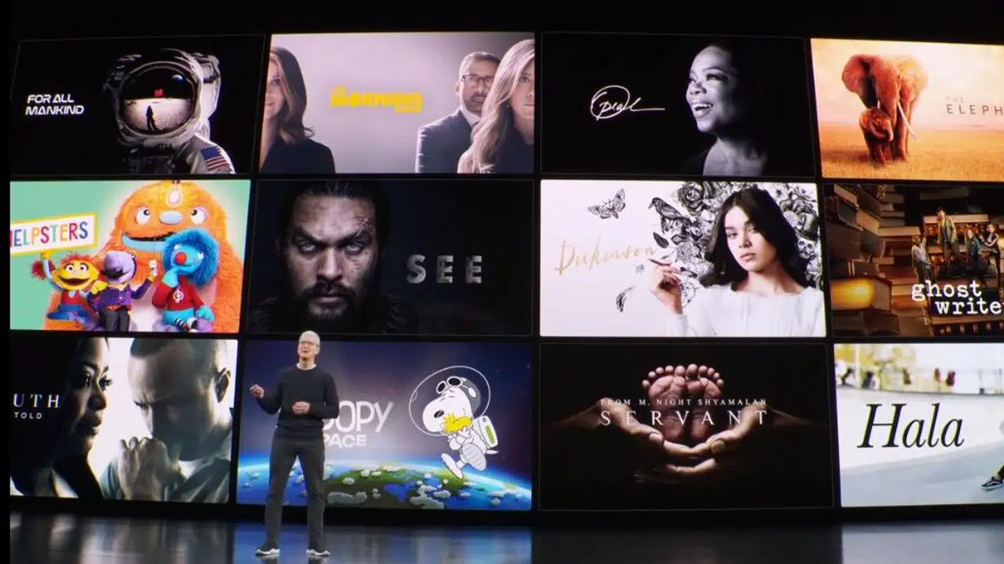 Apple-topchef Tim Cook præsenterede tirsdag aften den kommende streamingtjeneste Apple TV+, der får premiere 1. november. Foto fra Apples præsentation