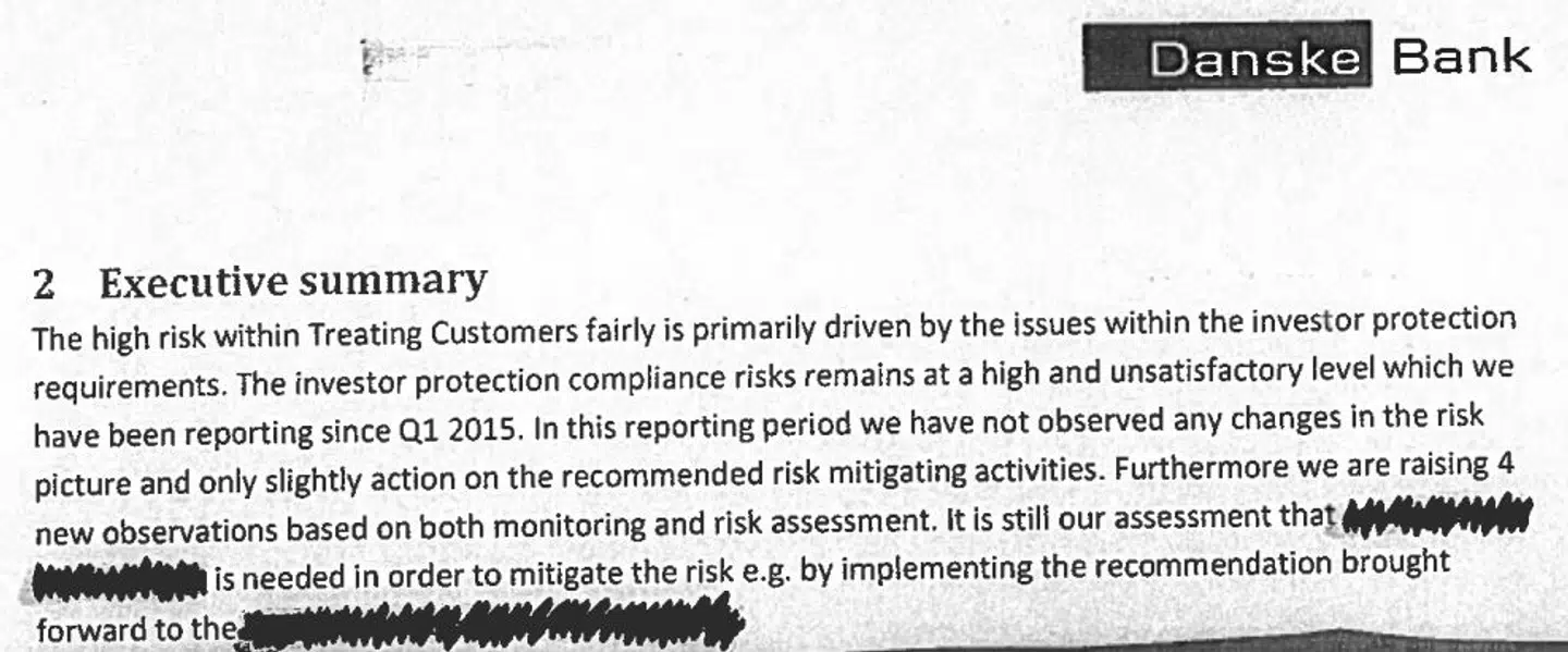 Resuméet fra compliance-rapporten, der dækker over perioden 1. februar-31. august 2018, viser, at Danske Banks compliance-folk siden første kvartal 2015 havde advaret ledelsen om, at der var problemer med at leve op til lovgivningen i forhold til at beskytte bankens kunder, når de købte dens investeringsprodukter.
