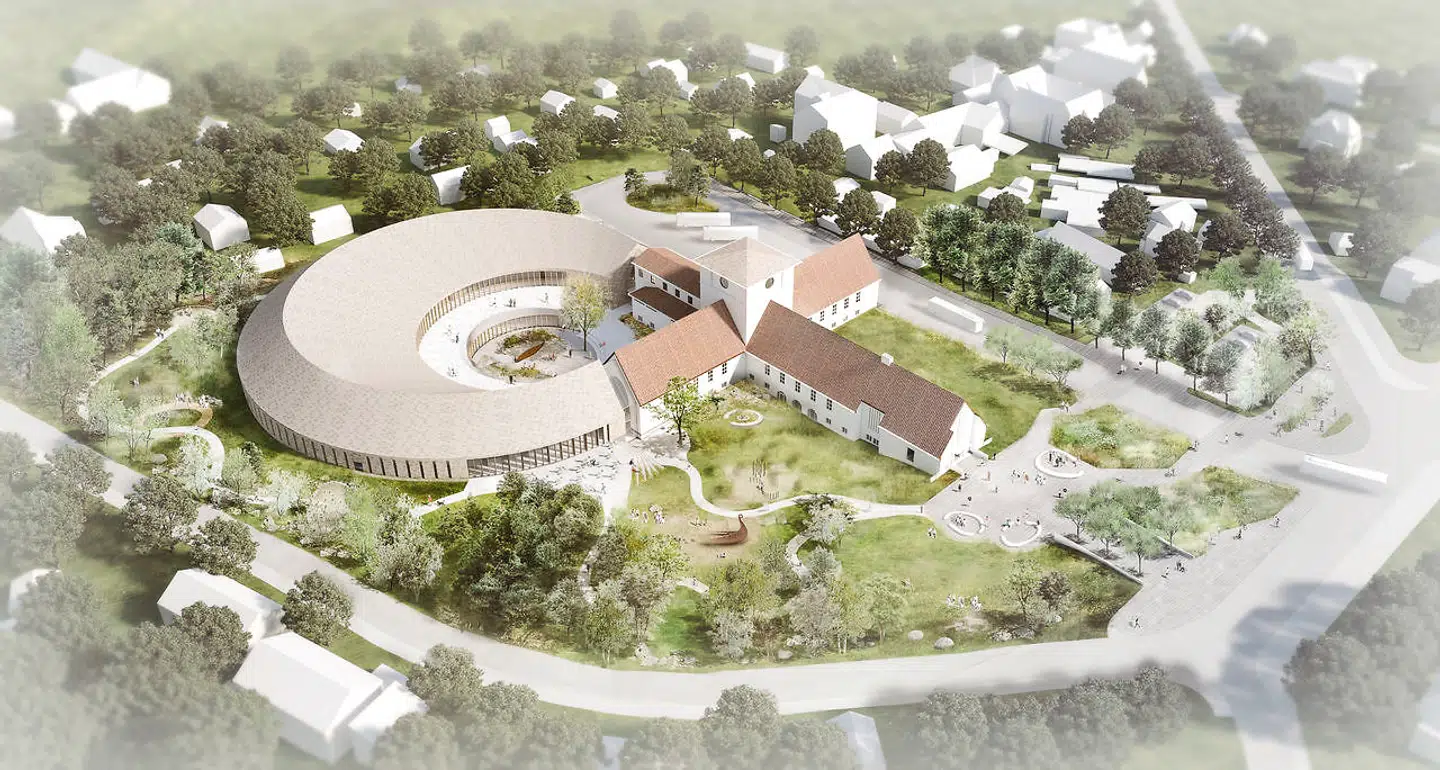 Den danske tegnestue Aart Architects elegante, cirkelformede tilbygning til Vikingetidmuseet i Oslo. Både tag og facader er beklædt med norsk skiffer.