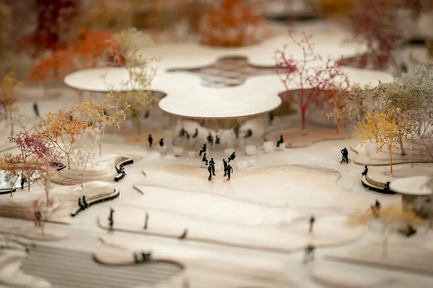 Glaspavillonen med det svævende tag dukker op mellem træerne inde midt i parken.